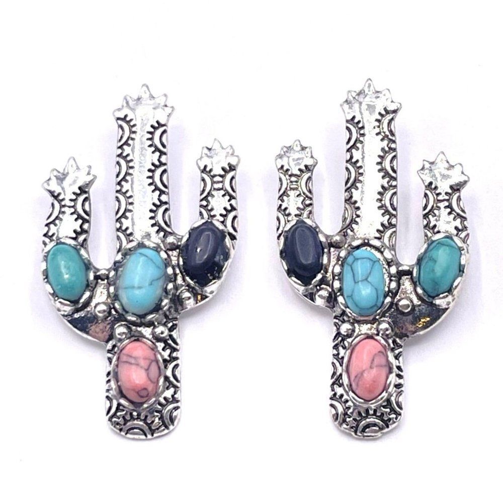 Silver with Turquoise Boho South Western Cactus Post Back Earrings